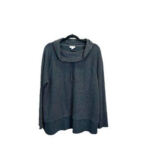 J. Jill XL Petite‎ Relaxed Waffle-Knit Cowl-Neck Pullover Top Gray & Navy Stripe